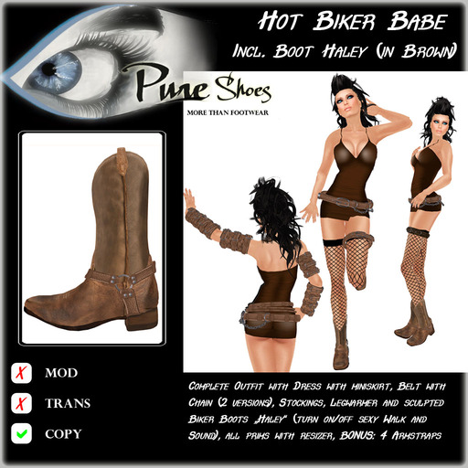 << PURE >> Hot Biker Babe incl Boots Haley (Outfit) in Brown [inworld price 199L$]