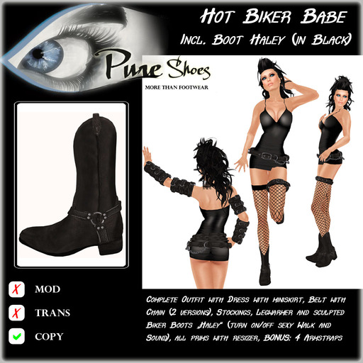 << PURE >> Hot Biker Babe incl Boots Haley (Outfit) in Black [inworld price 199L$]