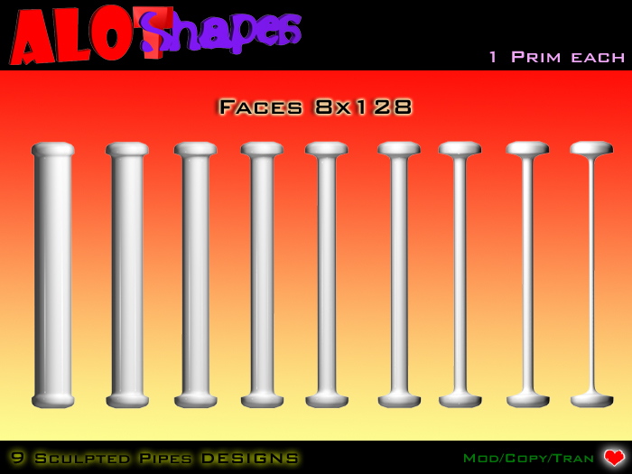 ♥ 9 Sculpted Pipes - 1 Prim each