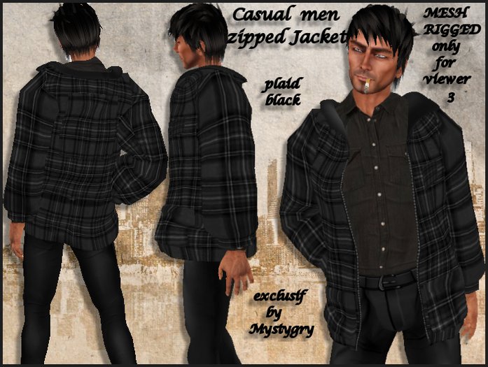 Mesh rigged plaid jacket with zip men black 2 size