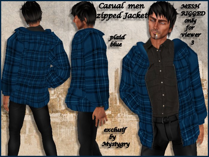Mesh rigged plaid jacket with zip men blue 2 size