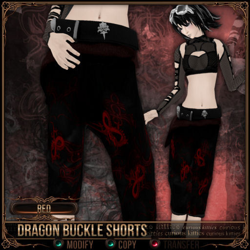 [Mesh] =^.^= Curious Kitties - Dragon Buckle Shorts - Red 