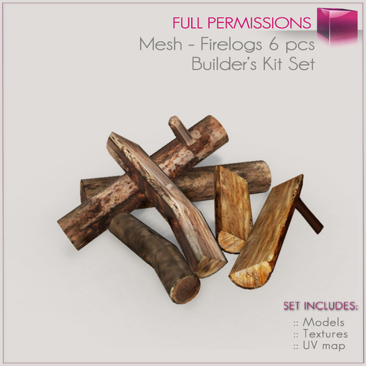 Full Perm Mesh Fire logs 6 pcs - Textured Logs Builder's Kit Set