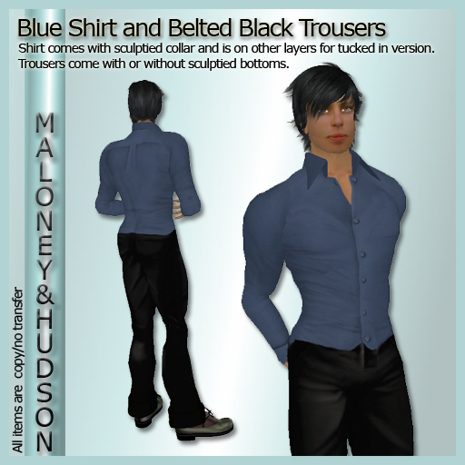 Mens Blue Shirt and Belted Black Trousers
