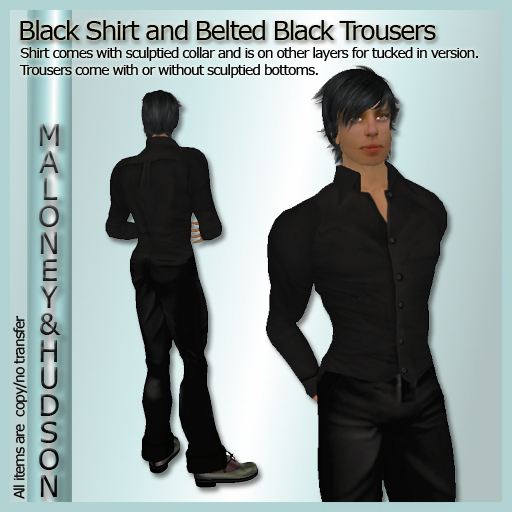 Mens Black Shirt and Belted Black Trousers