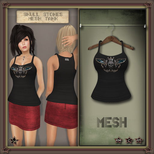 -=Pink Inc.=- Studded Mesh Tank Sparkle Skull Stones Black