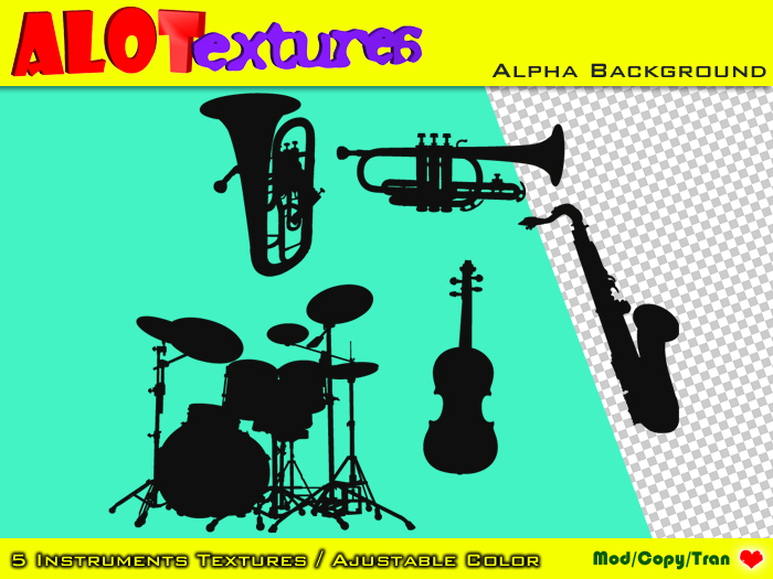 Fullperm / 5 Music silhouettes Instruments Textures Designs - With Alpha Backgound / Ajustable Color