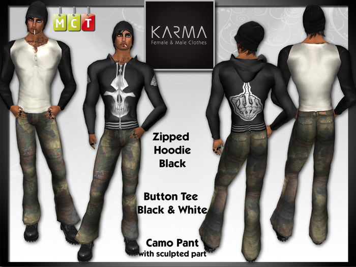 Karma - Pant Cargo Camo, jacket skeletton with hoodie, Sweat with button Black and white