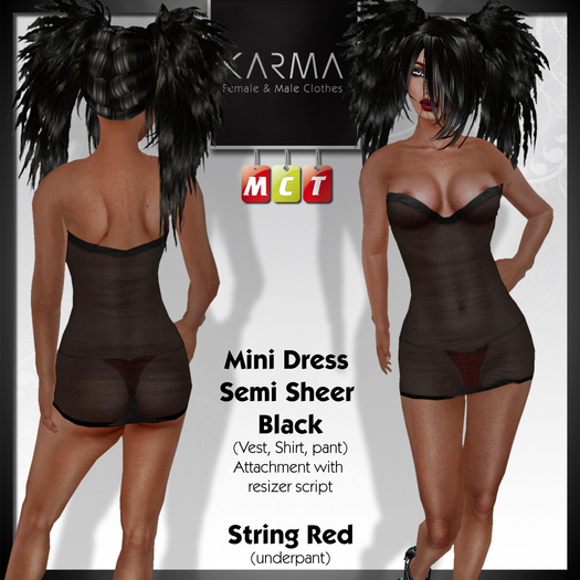 Karma - Mini Dress Black Semi Sheer & String Red