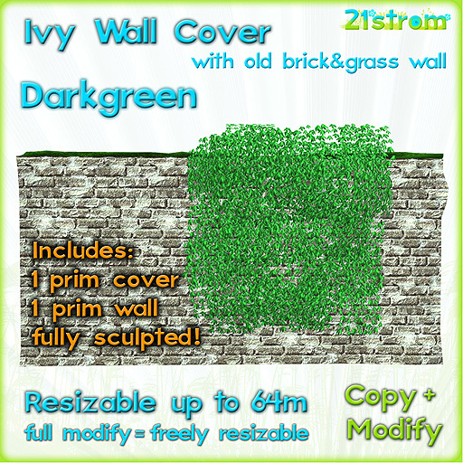 DARKGREEN IVY WALL COVER - sculpted 1 prim, copy, full modify, resizable up to 64m. w/ 1 prim Old Brick Wall with grass