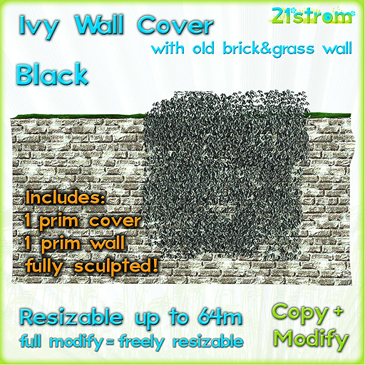BLACK IVY WALL COVER - sculpted 1 prim, copy, full modify, resizable up to 64m; with 1 prim Old Brick Wall with grass