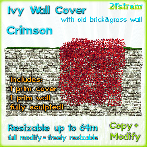 CRIMSON IVY WALL COVER - sculpted 1 prim, copy, full modify, resizable up to 64m; with 1 prim Old Brick Wall with grass