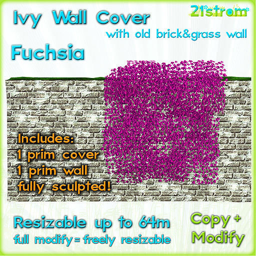 FUCHSIA IVY WALL COVER - sculpted 1 prim, copy, full modify, resizable up to 64m; with 1 prim Old Brick Wall with grass