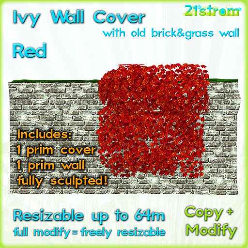 RED IVY WALL COVER  - sculpted 1 prim, copy, full modify, resizable up to 64m; +1 prim Old Brick Wall with grass