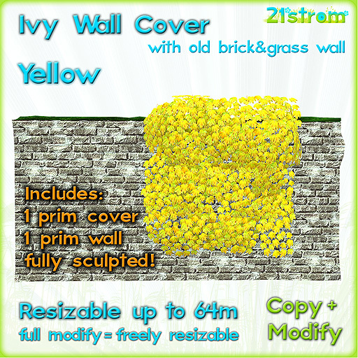 YELLOW IVY WALL COVER - sculpted 1 prim, copy, full modify, resizable up to 64m; with 1 prim Old Brick Wall with grass