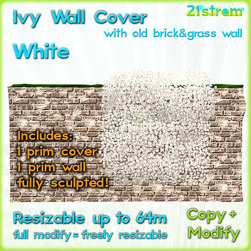 SNOW WHITE IVY WALL COVER - sculpted 1 prim, copy, full modify, resizable up to 64m; w/ 1 prim Old Brick Wall with grass