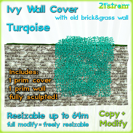 TURQUISE IVY WALL COVER - sculpted 1 prim, copy, full modify, resizable up to 64m; with 1 prim Old Brick Wall with grass