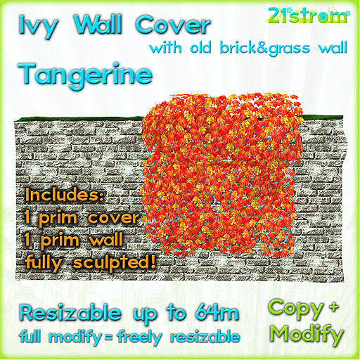 TANGERINE IVY WALL COVER - sculpted 1 prim, copy, full modify, resizable up to 64m; w/ 1 prim Old Brick Wall with grass