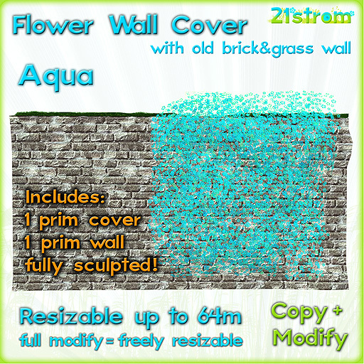 AQUA FLOWER IVY WALL COVER - sculpted 1 prim, copy, full modify, resizable up to 64m; +1 prim Old Brick Wall with grass