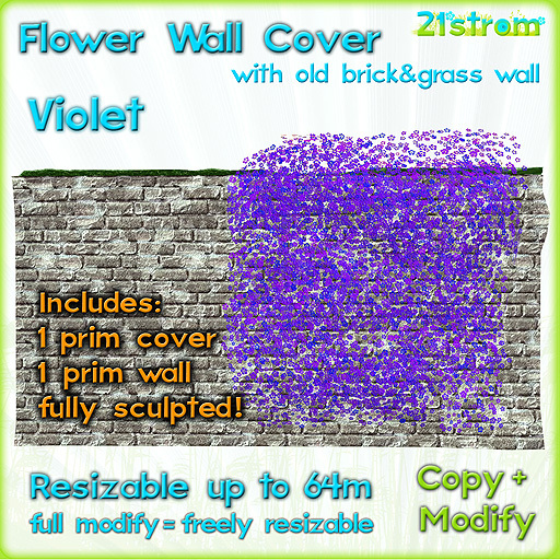 VIOLET FLOWER IVY WALL COVER sculpted 1 prim, copy, full modify, resizable up to 64m; +1 prim Old Brick Wall with grass