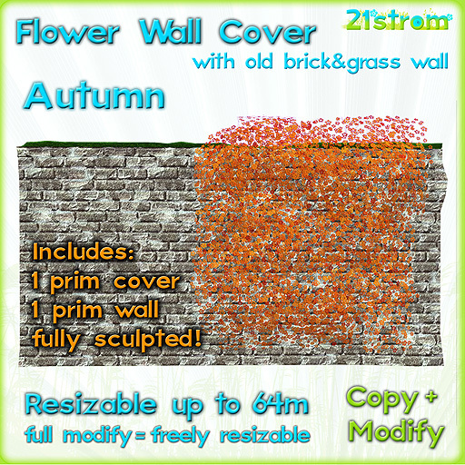 AUTUMN FLOWER IVY WALL COVER sculpted 1 prim, copy, full modify, resizable up to 64m; +1 prim Old Brick Wall with grass