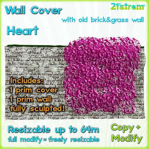 PINK HEART IVY WALL COVER - sculpted 1 prim, copy, full modify, resizable up to 64m; +1 prim Old Brick Wall with grass
