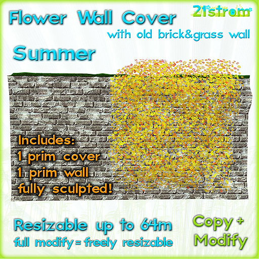 SUMMER FLOWER IVY WALL COVER sculpted 1 prim, copy, full modify, resizable up to 64m; +1 prim Old Brick Wall with grass