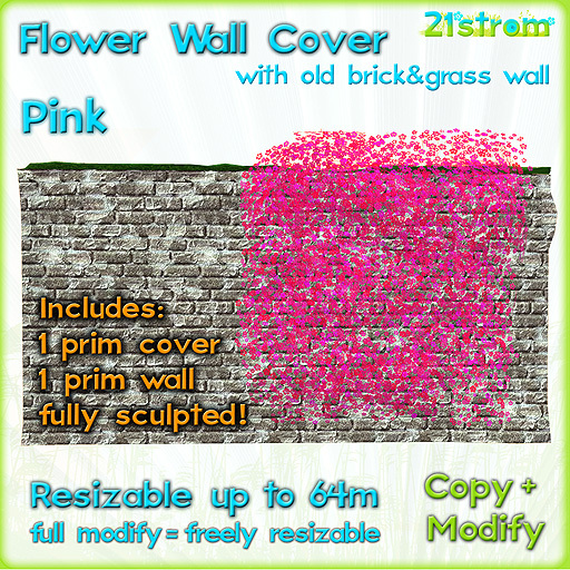 PINK FLOWER IVY WALL COVER - sculpted 1 prim, copy, full modify, resizable up to 64m; +1 prim Old Brick Wall with grass