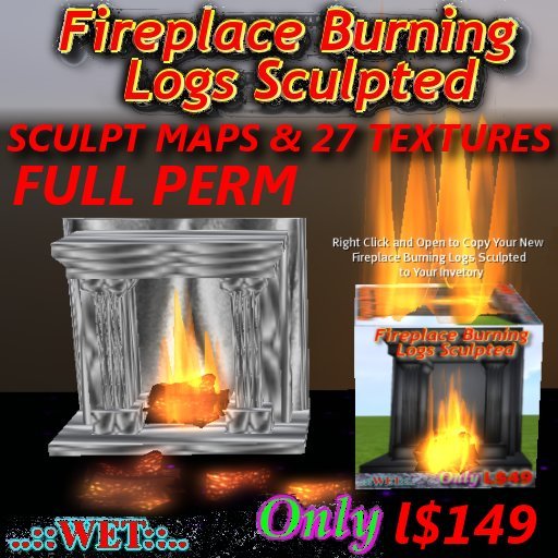 Fireplace Burning Logs Sculpted with textures FULL PERM (boxed)