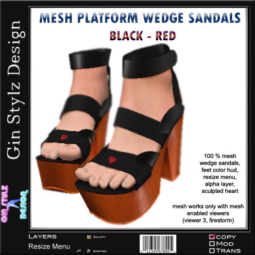 MESH Platform Wedge Sandals (black-red)