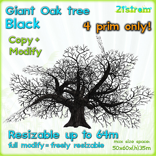 Giant Oak BLACK - 4 prim fully sculpted tree, copy, full modify, resizable up to 64m - magic tree, fantasy tree, XL tree
