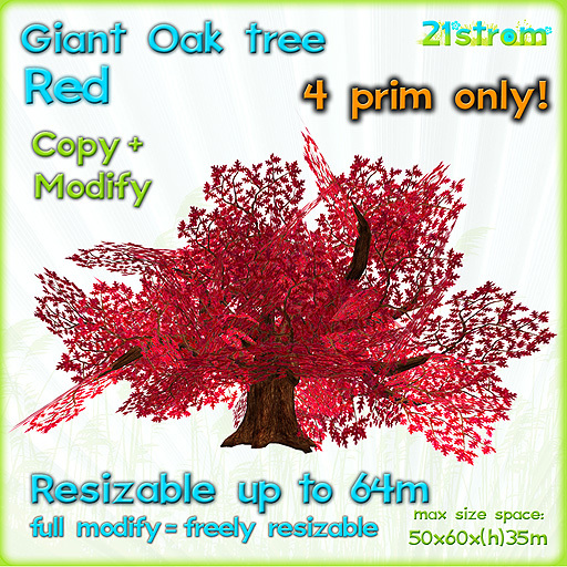 Giant Oak RED - 4 prim fully sculpted tree, copy, full modify, resizable up to 64m - magic tree, fantasy tree, XL tree