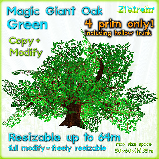Magic Giant Oak GREEN - 4 prim fully sculpted tree, copy, full modify, resizable up to 64m - fantasy tree, treehouse
