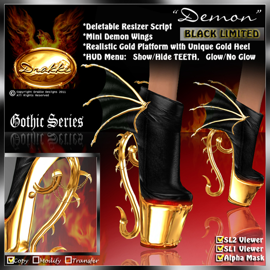 *PROMO* !Drakke! Designs "Demon" Ankle Boot(Black with Limited Edition GOLD 10" Platform Stiletto)(Alpha Masks Included)