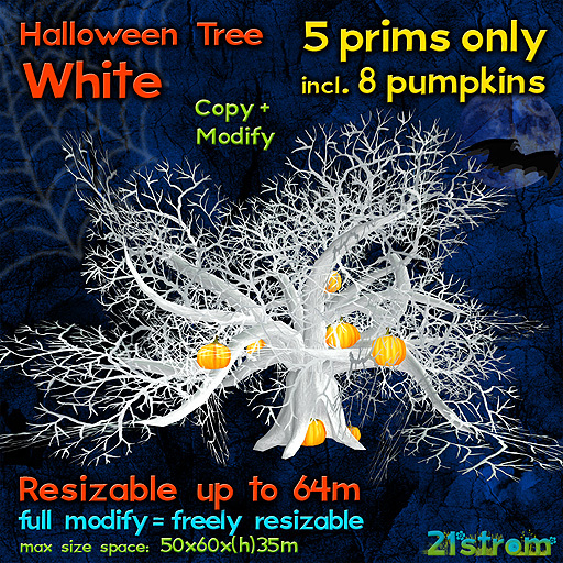 WHITE Halloween Tree with 8 pumpkins - 5 prims only! Fully sculpted, copy, modify, resize up to 64m. Jack o lantern tree