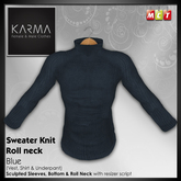 Karma - Roll Neck Blue Jumper Knit  with Sculpted Sleeves, Bottom & Roll Neck