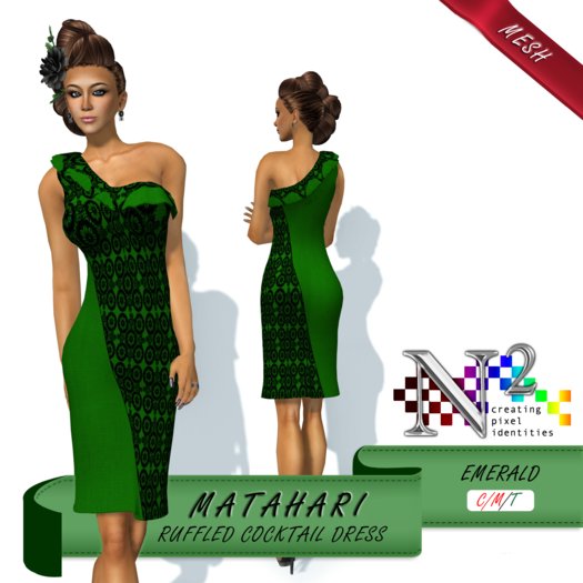 Mesh Ruffled Cocktail Dress - Matahari - Emerald