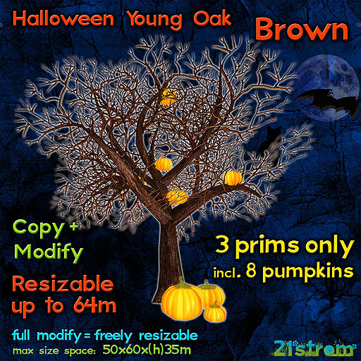 Sculpted 3 prims BROWN Halloween Tree with 8 pumpkins - copy, modify, resize up to 64m. Jack o lantern tree