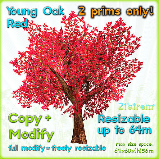 Young Oak RED - 2 prim fully sculpted tree, copy, full modify, resizable up to 64m