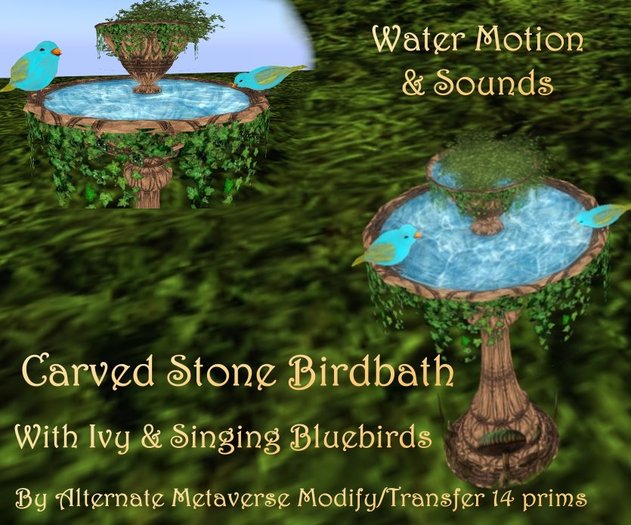 AMV Carved Stone Birdbath with Ivy & singing bluebirds 