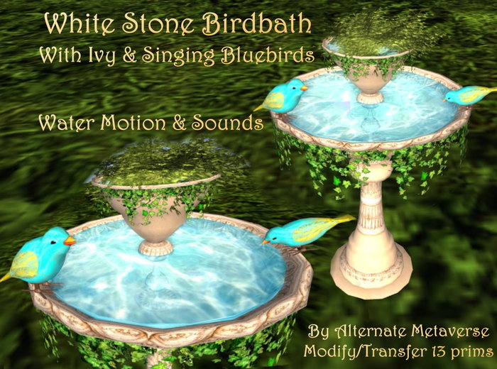AMV White Stone Birdbath with Ivy & singing bluebirds 