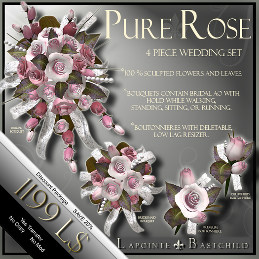 Wedding Flower Set - Pure Rose- 4PC Pink (Bouquets & Boutonnieres)