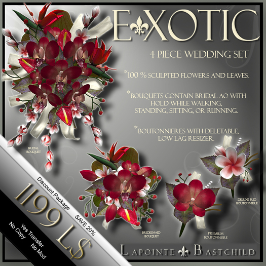 Wedding Flower Set - Exotic- 4PC Red (Bouquets & Boutonnieres)