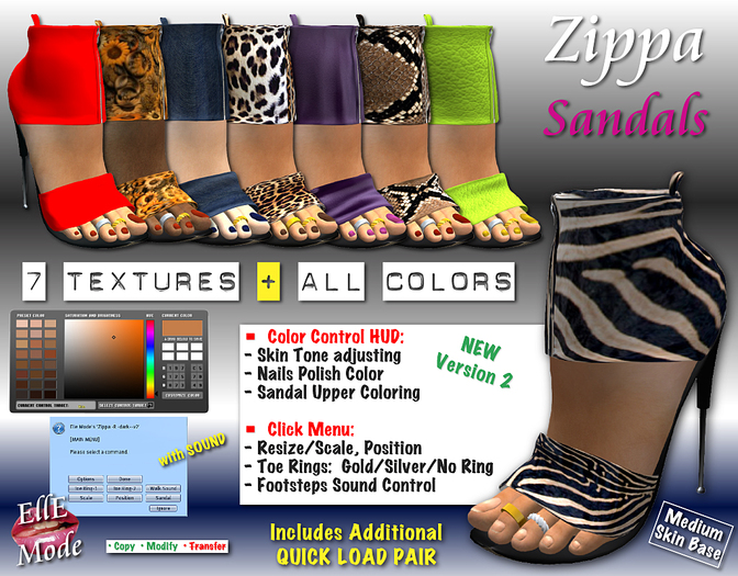 !!! PROMO !!! Zippa Sandals -Version 2 * 7 Textures + All Colors * High Detail, Custom + Quick Load * MEDIUM SKIN BASE