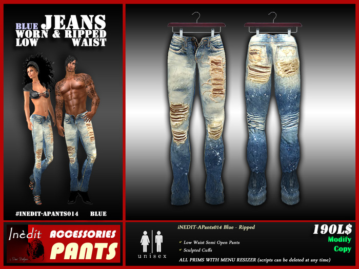 iNEDIT-APants014 Blue - Ripped JEANS - UNISEX