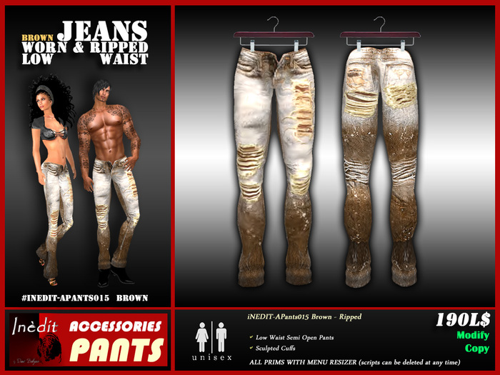iNEDIT-APants015 Brown - Ripped JEANS - UNISEX