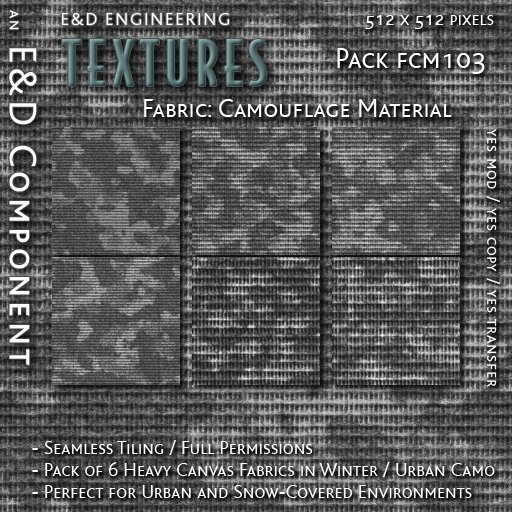 [FCM103] 6 Heavy Canvas Winter Camo Textures and Winter Camouflage Fabric Textures for Army Uniforms by E&D ENGINEERING