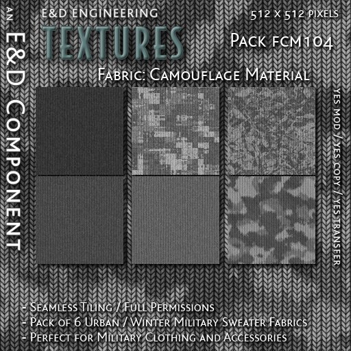 [FCM104] 6 Winter Camouflage Wool Sweater Fabric Textures and Winter Camo Textures for Army Clothes by E&D ENGINEERING