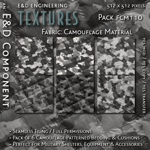 [FCM110] 6 Padded Urban Camo Textures and Winter Camo Textures for Bedding Blankets and Bedrolls by E&D ENGINEERING