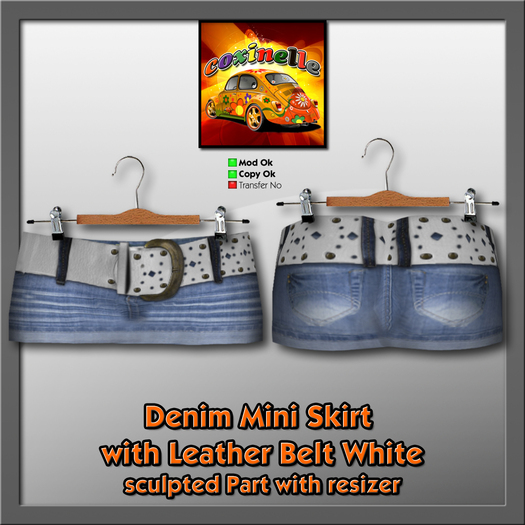 Coxi- Denim Mini Skirt with leather belt White